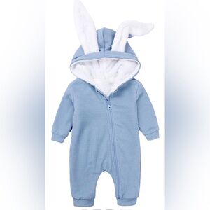 New Baby Blue Bunny Hooded Romper Size (0-3M) it is very warm fleece lined